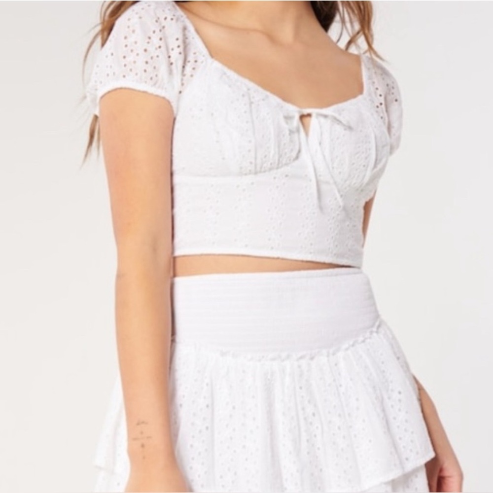 Hollister White Babydoll Ruched Eyelet Crop Top Small Y2K‎ Coquette Cottagecore